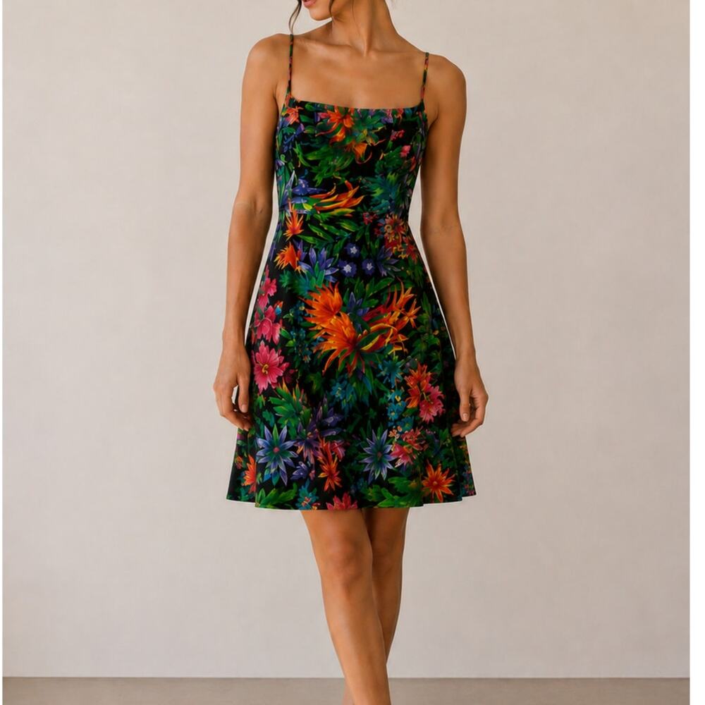 Vintage A.J. Bari for Lord & Taylor 100% Silk Tropical Floral Mini Dress-M/10